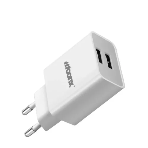 MOONX hálózati töltő adapter MC02 2.4A 12W 2xUSB + kábel Micro Fehér