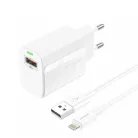 FONENG hálózati töltő EU64 18W 1xUSB QC3.0 + kábel Lightning Fehér