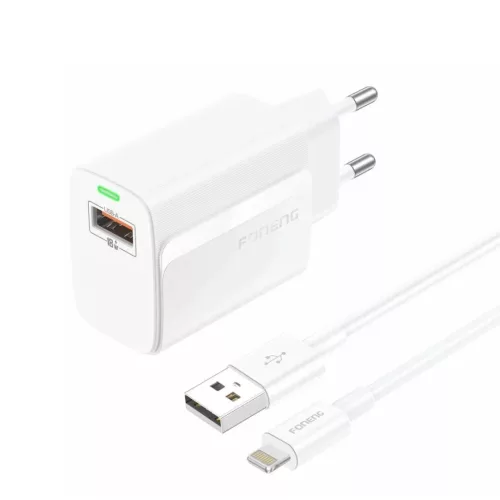 FONENG hálózati töltő EU64 18W 1xUSB QC3.0 + kábel Lightning Fehér
