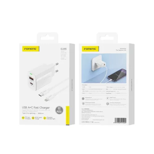 FONENG fali töltő EU66 PD 20W 1xUSB-C + 1xUSB QC3.0 + kábel USB-C - Lightning Fehér