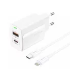 FONENG fali töltő EU66 PD 20W 1xUSB-C + 1xUSB QC3.0 + kábel USB-C - Lightning Fehér