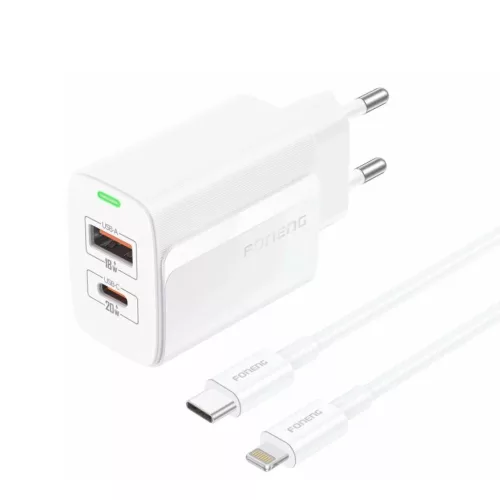 FONENG fali töltő EU66 PD 20W 1xUSB-C + 1xUSB QC3.0 + kábel USB-C - Lightning Fehér