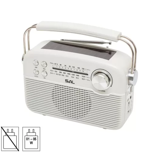 SAL RPR9 napelemes rádió multimédia lejátszóval, FM-AM-SW rádió, Bluetooth, USB és microSD csatlakozás, beépített akkumulátor