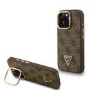 iPhone 16 Pro barna Guess PU 4G Strass Háromszög Logo Állvány Kamera Keret MagSafe Tok