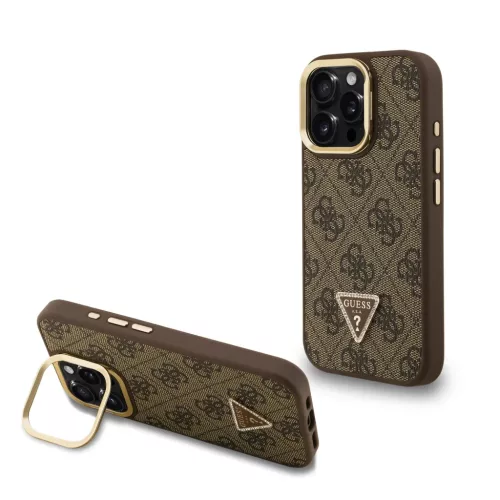 iPhone 16 Pro barna Guess PU 4G Strass Háromszög Logo Állvány Kamera Keret MagSafe Tok