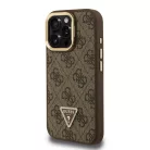 iPhone 16 Pro barna Guess PU 4G Strass Háromszög Logo Állvány Kamera Keret MagSafe Tok