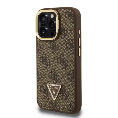 iPhone 16 Pro barna Guess PU 4G Strass Háromszög Logo Állvány Kamera Keret MagSafe Tok