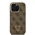 iPhone 16 Pro barna Guess PU 4G Strass Háromszög Logo Állvány Kamera Keret MagSafe Tok