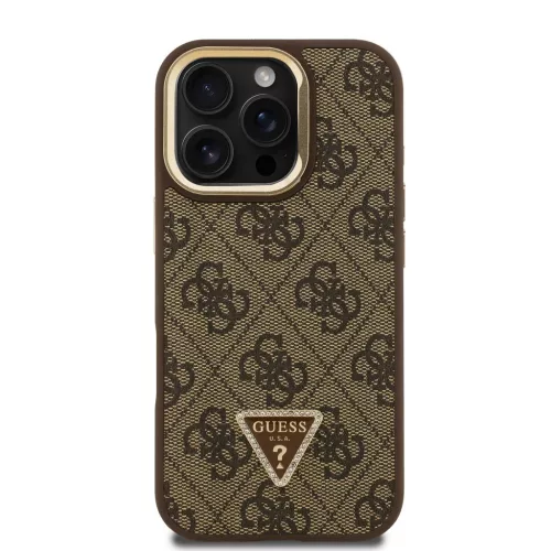 iPhone 16 Pro barna Guess PU 4G Strass Háromszög Logo Állvány Kamera Keret MagSafe Tok