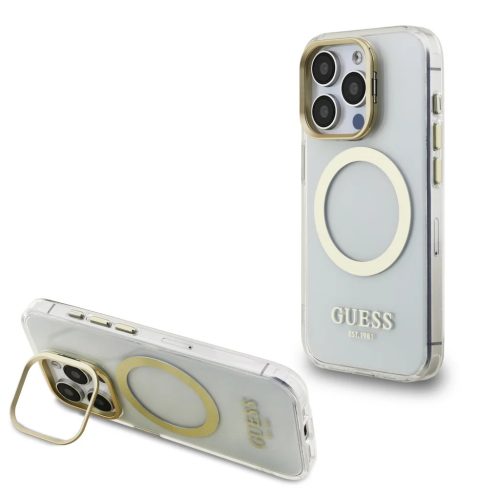 Guess IML Arany Kontúr Állvány Kamera Keret MagSafe tok iPhone 15 Pro Max átlátszó tok
