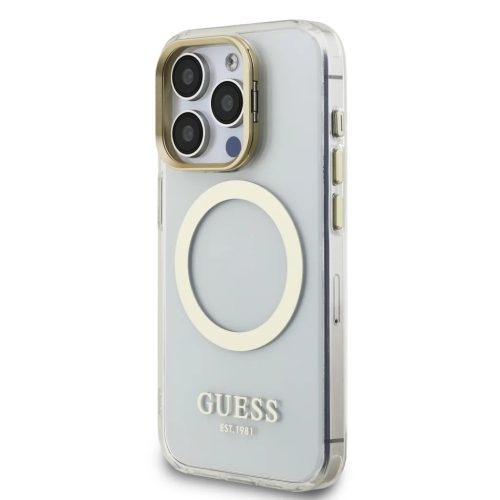 Guess IML Arany Kontúr Állvány Kamera Keret MagSafe tok iPhone 15 Pro Max átlátszó tok