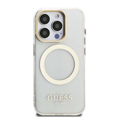 Guess IML Arany Kontúr Állvány Kamera Keret MagSafe tok iPhone 15 Pro Max átlátszó tok