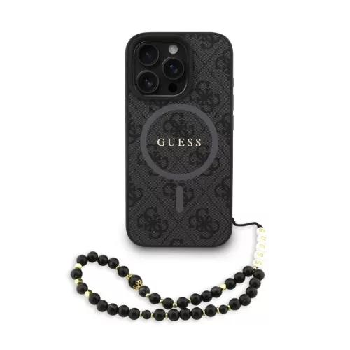 iPhone 16 Pro fekete Guess PU bőr 4G színes gyűrűs szíj MagSafe tok