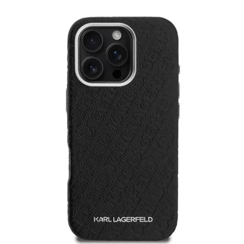 iPhone 16 Pro Fekete Karl Lagerfeld Grained PU Ismétlődő Logó MagSafe Tok
