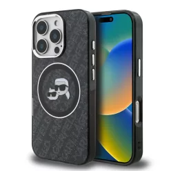   iPhone 16 Pro fekete Karl Lagerfeld IML K&CH Heads Repeated Logo MagSafe tok