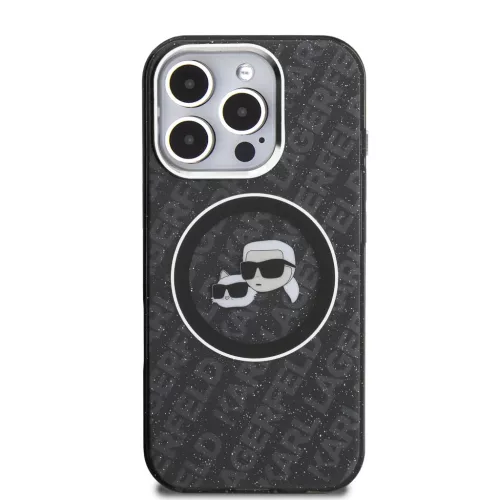 iPhone 16 Pro fekete Karl Lagerfeld IML K&CH Heads Repeated Logo MagSafe tok