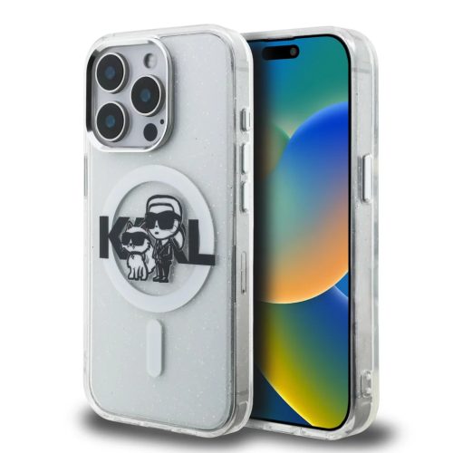 iPhone 15 Pro Max átlátszó Karl Lagerfeld IML Glitter Karl and Choupette Sketch MagSafe tok