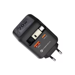   FORCELL F-ENERGY GaN III VT-R7 utazótöltő visszahúzható kábellel, 1x USB-C és 1x USB-A töltőporttal PD QC4.0 3A 70W szürke