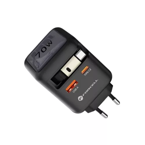 FORCELL F-ENERGY GaN III VT-R7 utazótöltő visszahúzható kábellel, 1x USB-C és 1x USB-A töltőporttal PD QC4.0 3A 70W szürke