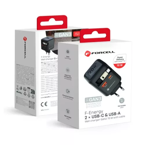 FORCELL F-ENERGY GaN III VT-R7 utazótöltő visszahúzható kábellel, 1x USB-C és 1x USB-A töltőporttal PD QC4.0 3A 70W szürke