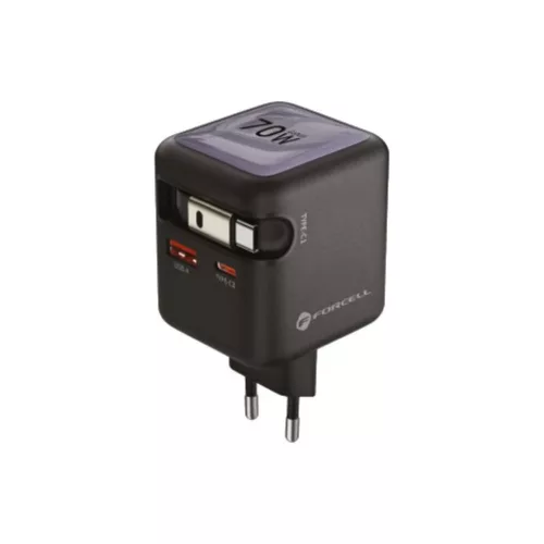 FORCELL F-ENERGY GaN III VT-R7 utazótöltő visszahúzható kábellel, 1x USB-C és 1x USB-A töltőporttal PD QC4.0 3A 70W szürke