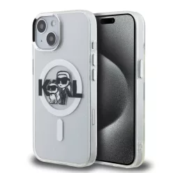   iPhone 15 átlátszó tok Karl Lagerfeld IML Glitter Karl and Choupette Sketch MagSafe tok