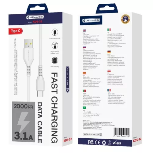 JELLICO kábel KDS-32 USB-C USB 3.1A 2M Fehér