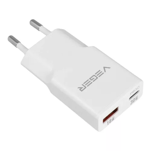 VEGER fali töltő USB A + USB C QC PD 30W 30W1A1C fehér