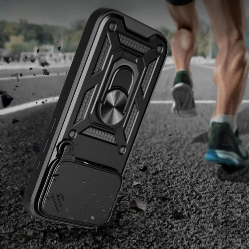 iPhone 17 Pro Max fekete Hybrid Armor Camshield páncélos tok állvánnyal és kameravédővel