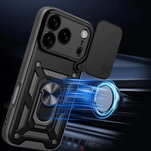 iPhone 17 Pro Max fekete Hybrid Armor Camshield páncélos tok állvánnyal és kameravédővel