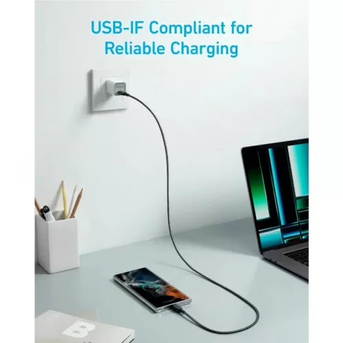 USB-C - USB-C kábel Anker 322, 60W, 3A, 0.9m, Fekete A81F5G11