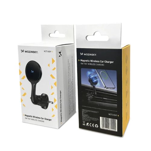 Wozinsky WCT5-6S4Y Autós Tartó Qi/MagSafe 15W Induktív Töltővel Szellőzőrácshoz - Fekete