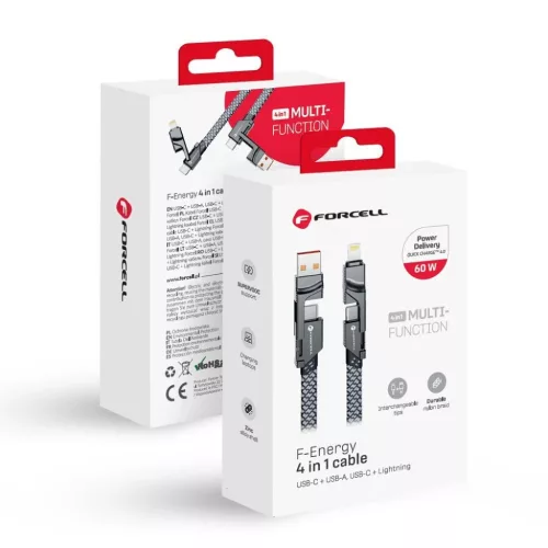 FORCELL F-ENERGY C241 4 az 1-ben kábel Type C / USB A Type C / Lightning QC PD 3A 60W 1 m króm