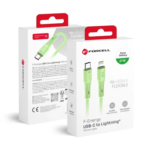 FORCELL F-ENERGY C346 Type C - Lightning kábel 3A 27W Szilikon 1 m zöld