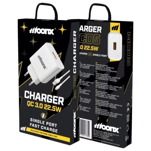 MOONX fali töltő MC05 22,5W 1xUSB QC3.0 + Lightning kábel fehér