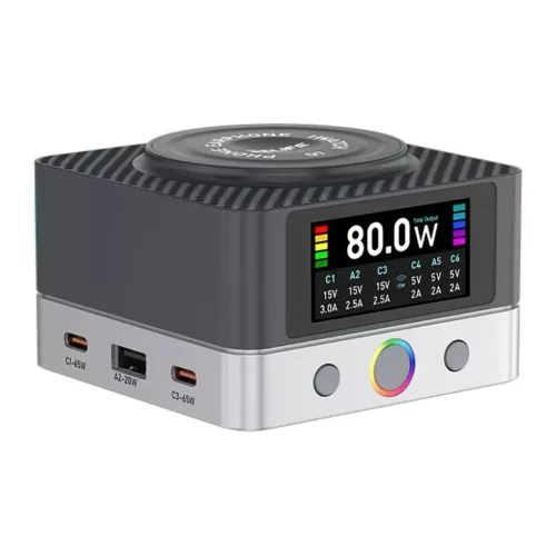 Asztali Töltő Relife Q7 QI, 80W, 3.25A, 2 x USB-A - 4 x USB-C, Szürke