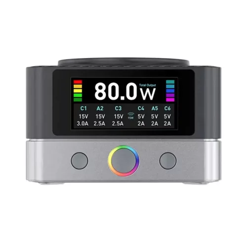 Asztali Töltő Relife Q7 QI, 80W, 3.25A, 2 x USB-A - 4 x USB-C, Szürke
