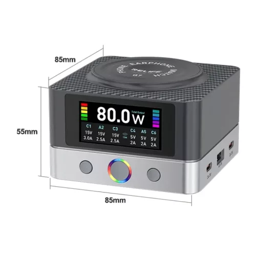 Asztali Töltő Relife Q7 QI, 80W, 3.25A, 2 x USB-A - 4 x USB-C, Szürke