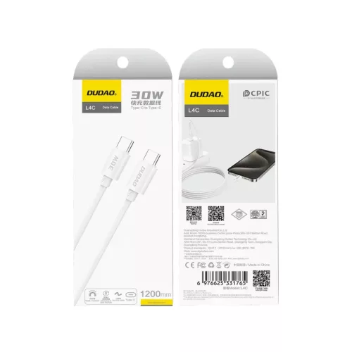Dudao L4C USB-C / USB-C kábel 30W 1.2m - fehér