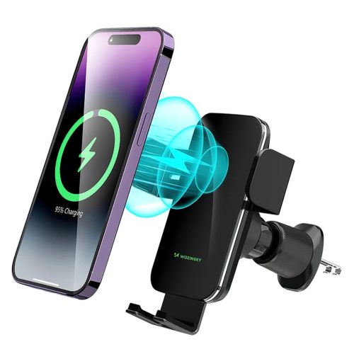 Wozinsky WEDZ-3Y8S autós telefontartó 15W-os vezeték nélküli töltővel, légkiömlőre rögzíthető - fekete tok qi