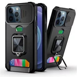   iPhone 13 Pro Max Ring Armor tok kameralencse védővel, kihajtható támasszal, kártyatartóval fekete (ip-13-pro-max-ring-armor-black)