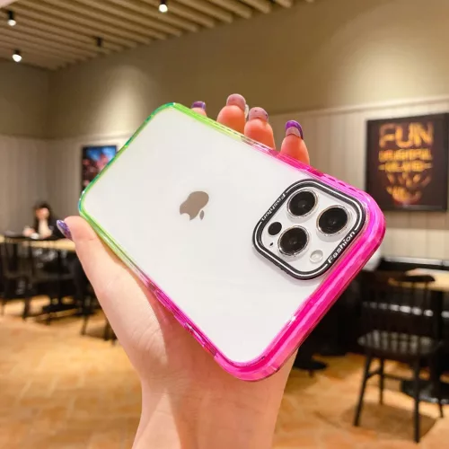 iPhone 13 Pro Max átlátszó TPU tok rózsaszín-zöld színátmenetes kerettel Alphajack