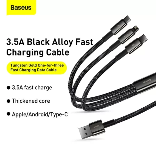 Baseus Tungsten USB - Lightning/ Micro USB/ USB Type-C kábel 3.5A 1.5m fekete (CAMLTWJ-01)
