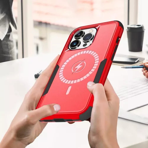 iPhone 13 Pro Max 3 az 1-ben ütésálló MagSafe-kompatibilis mágneses tok piros-fekete Alphajack