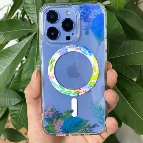 iPhone 14 Plus MagSafe-kompatibilis átlátszó virágmintás tok Alphajack (B)