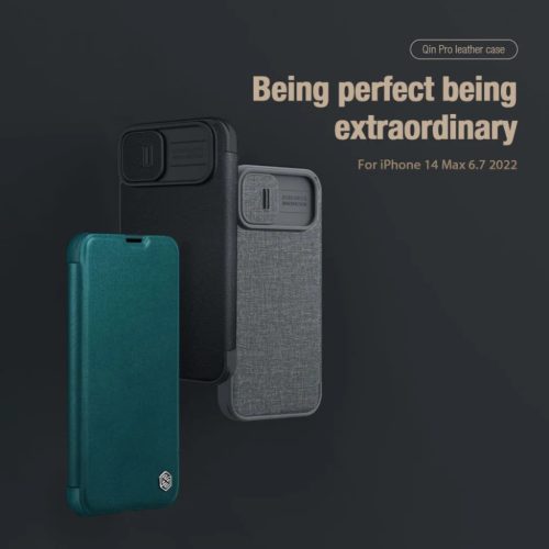 iPhone 14 Plus Nillkin Qin Pro bőr szövet flip tok szürke