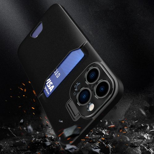 iPhone 14 Pro Leather Stand tok kártyatartóval fekete