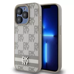   DKNY PU bőr kockás és csíkos tok iPhone 14 Pro Max-hoz Bézs