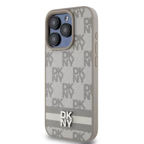 DKNY PU bőr kockás és csíkos tok iPhone 14 Pro Max-hoz Bézs