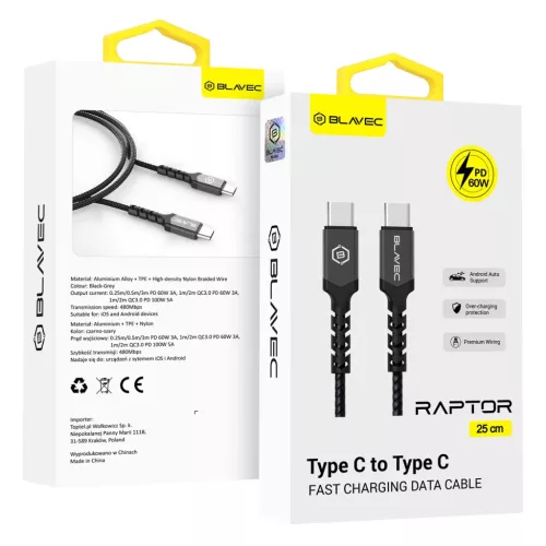 Blavec Raptor fonott kábel - Type C to Type C - PD 60W 3A 0,25 méter (CRA-CC3BG025) fekete-szürke